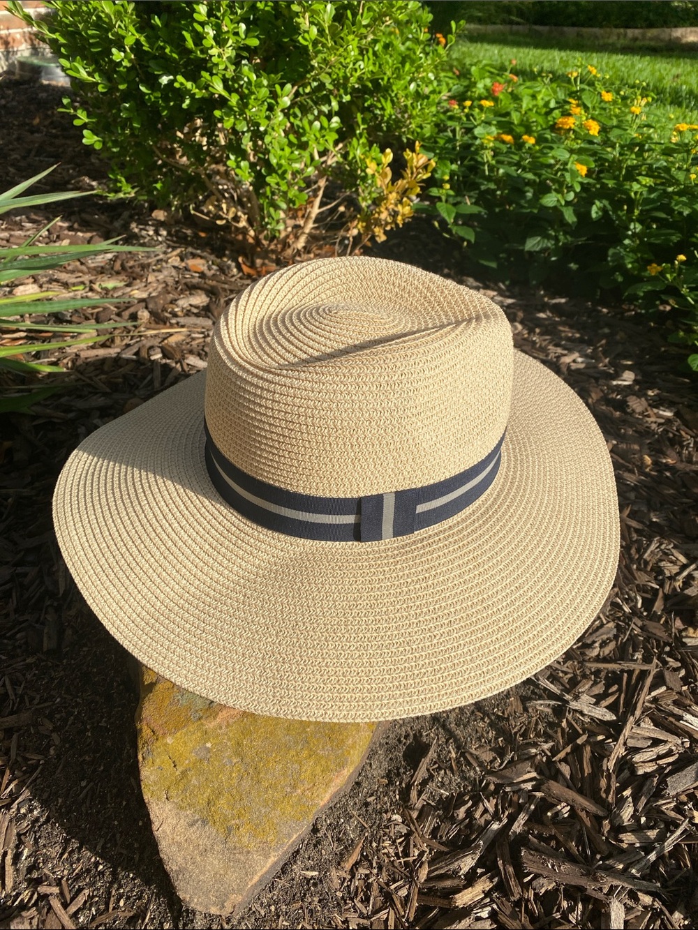 Urban Pipeline Paper Wide Brim Sun Hat with navy & gray hatband